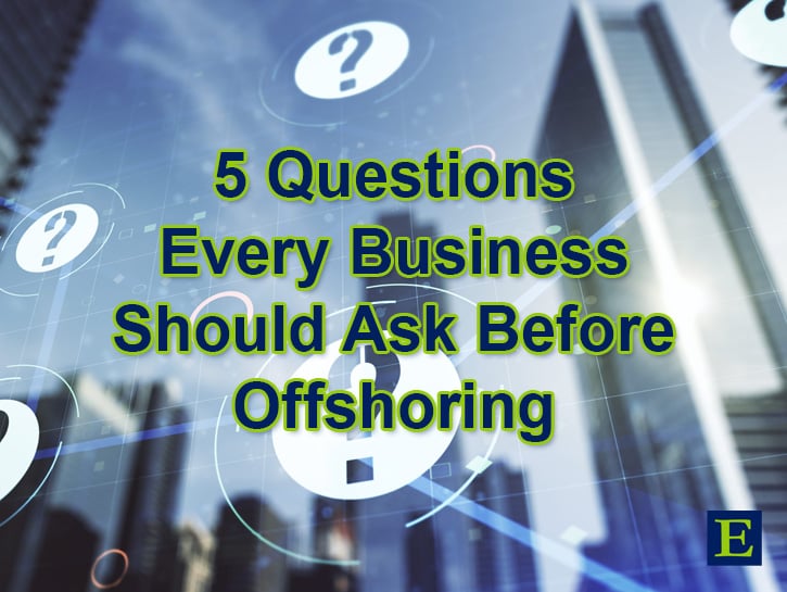 5 Questions Every Business Should Ask Before Offshoring text over city skyscraper backrop with sky and question mark images floating