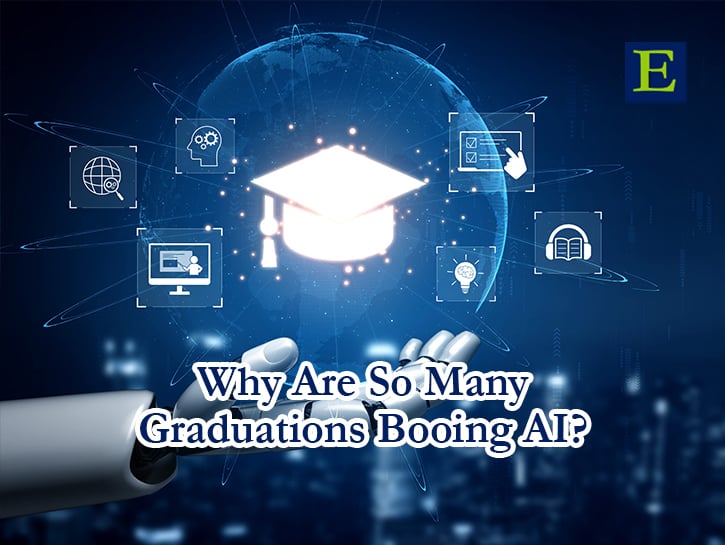 Graduation cap and work icons on blue tech background with AI hand and Why Are So Many Graduates Booing AI text