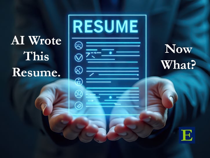 Hands below digital resume with copy AI Wrote this resume now what do you do and ECLARO logo