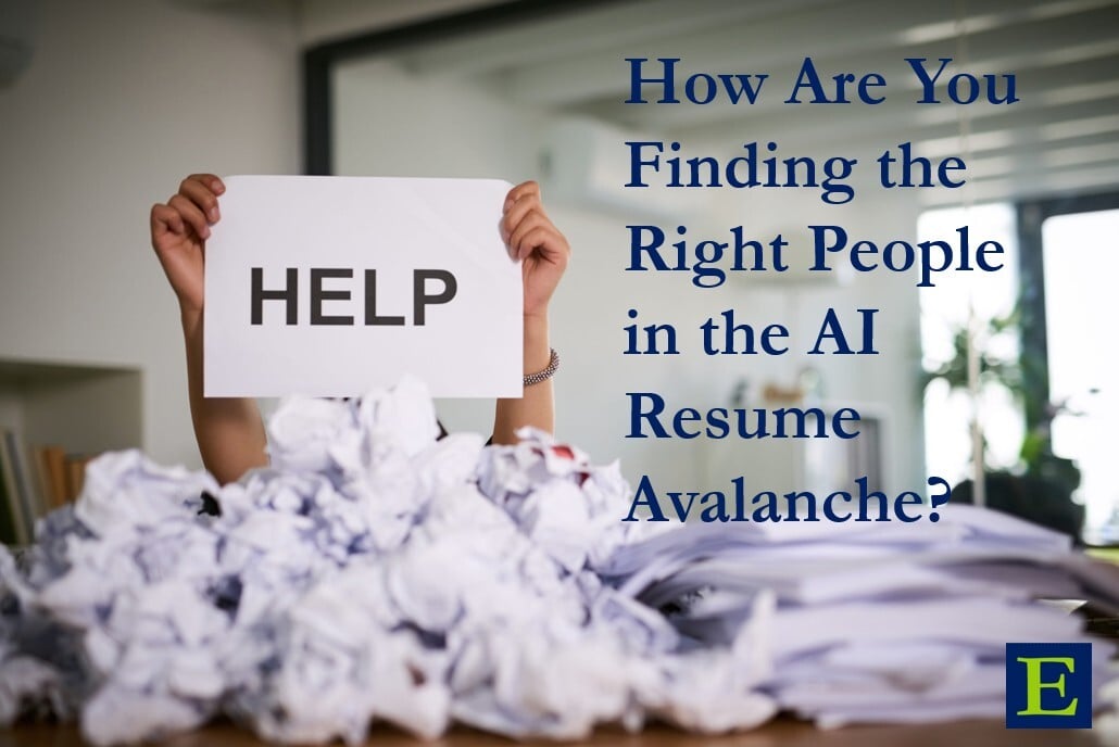 Office with pile of papers and hands holding Help sign and How are you finding the right people in the AI Resume Avalanche copy