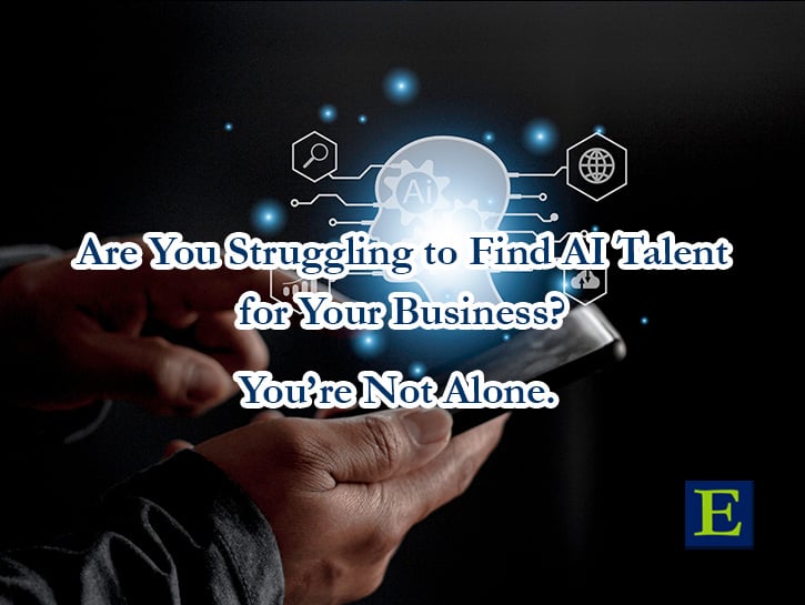 Hand holding illuminated tech icons and copy Are You Struggling to Find AI Talent for Your Business You're Not Alone and ECLARO mark