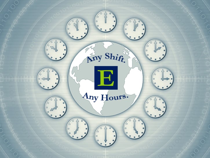 Globe with ECLARO E and Any Shift Any Hours text surrounded by clocks