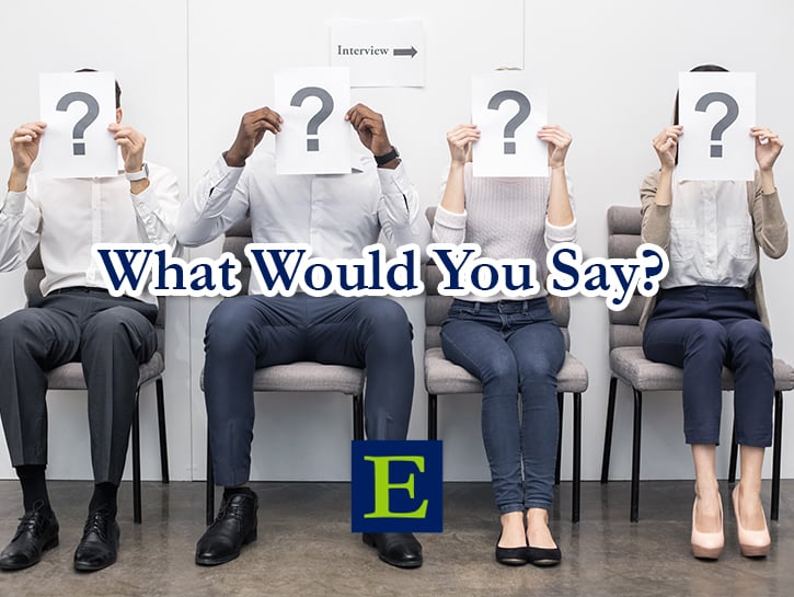 Four people sitting on chairs holding paper with question mark in front of their faces and the text What Would You Say and ECLARO E mark