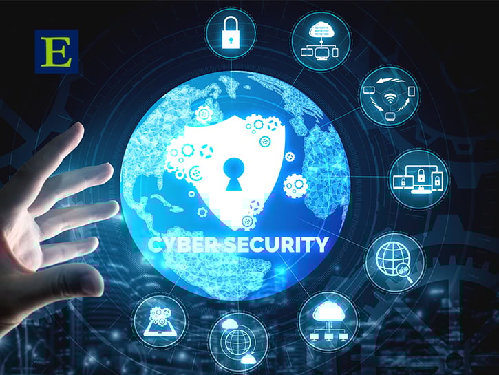 Hand reaching for blue earth with lock image on continent and cyber-security text all embodying the power of outsourcing roles to the Philippines