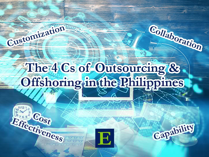Blue and white tech imagery background with copy the 4 Cs of Outsourcing & Offshoring in the Philippines