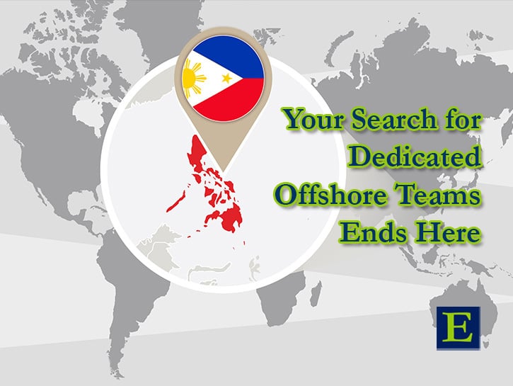 Grey globe map with pin made of Philippines flag and close-up on red Philippines with Your Search for Dedicated Global Teams Ends Here copy and ECLARO E marke