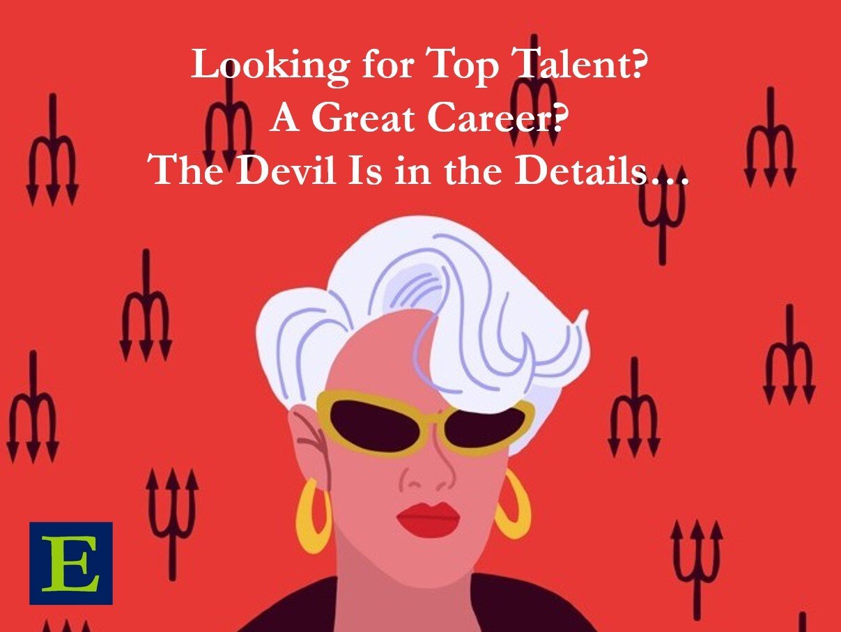 White haired woman with sunglasses and earrings on a red background with devil forks and ECLARO mark and copy