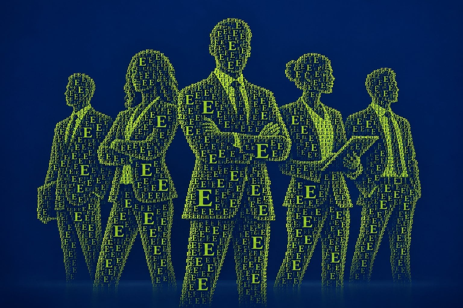 Illustration of professional men and women in work attire made up of small green E against dark blue background