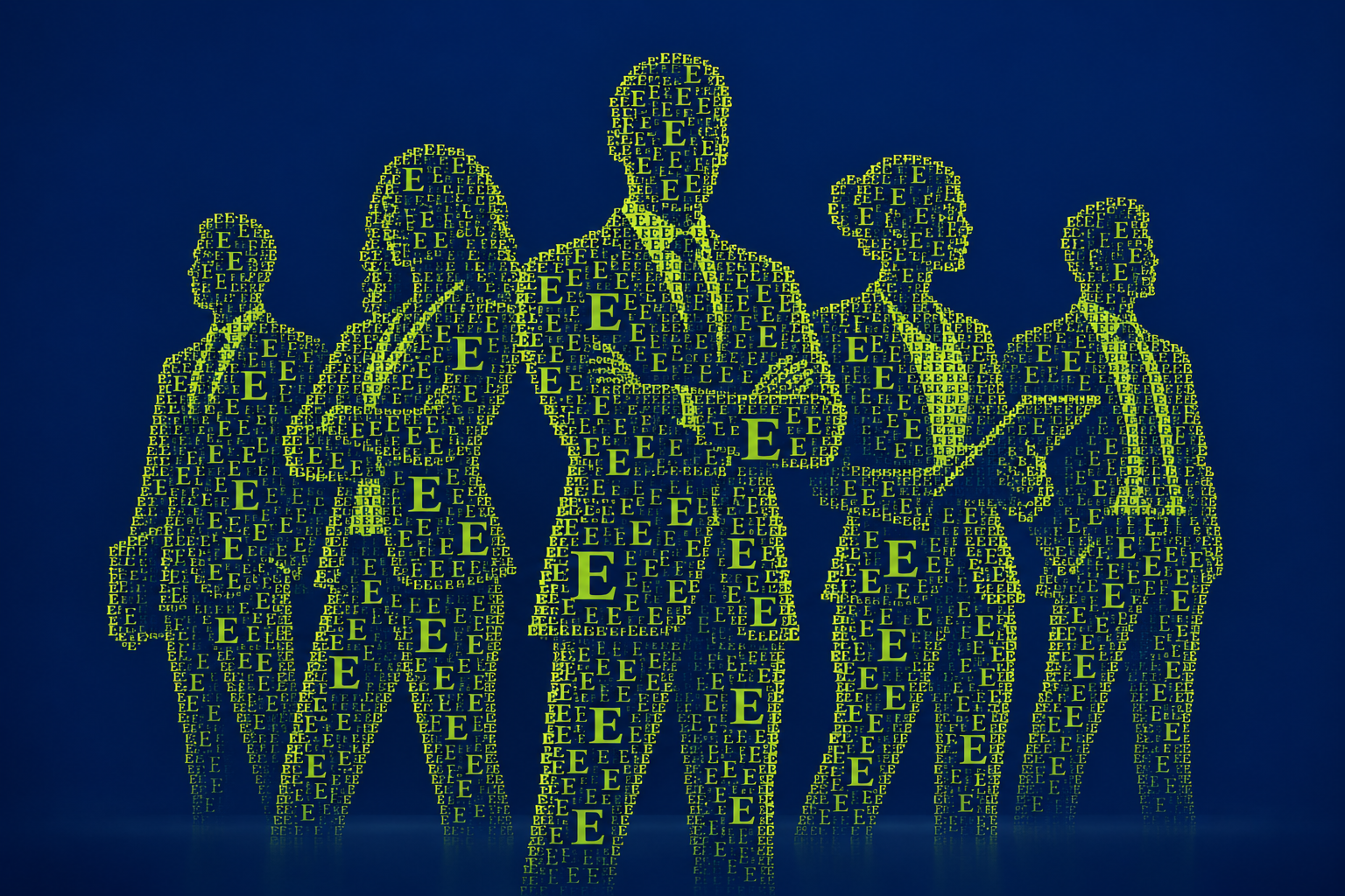 Illustration of professional men and women in work attire made up of small green E against dark blue background