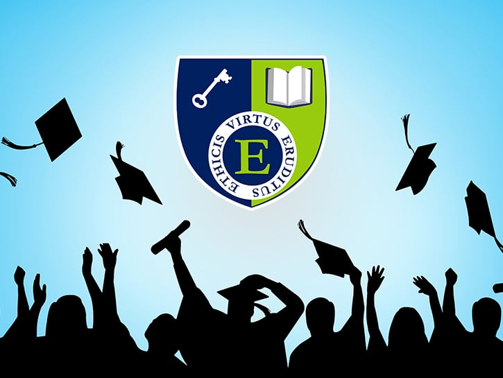 Graduates in shadow tossing caps in the air around ECLARO Academy logo