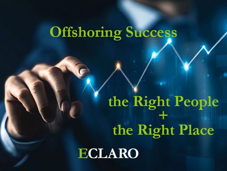 Man's hand pushing lights on upward chart with text reading Offshoring Success the Right People + the Right Place