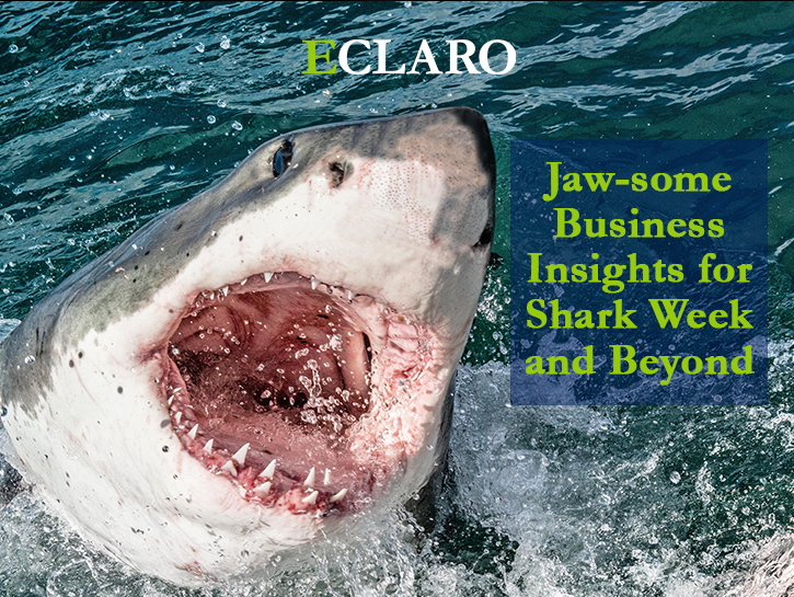Great white shark coming out of water with ECLARO logo and text