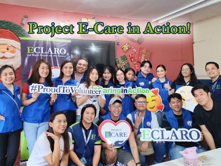 ECLARO Project E-Care Volunteers holding signs and smiling with Project E-Care in Action! header copy