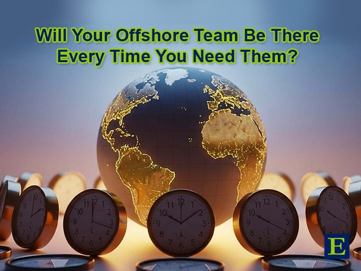 Earth surrounded by clocks with different times on a blue gradient background with the text Will Your Offshore Team Be There Every Time You Need Them? and ECLARO mark