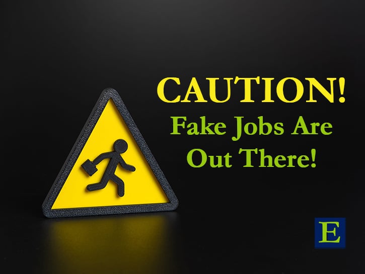 Triangular caution sign with person inside it and text Caution! Fake Jobs Are Out There and ECLARO E mark on black background