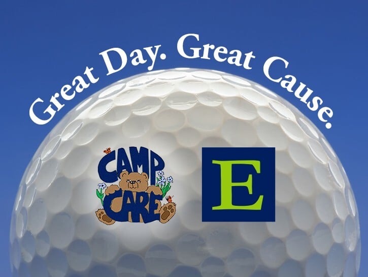 Golf Ball against blue sky with Great Day Great Cause copy and Camp CARE and ECLARO logos