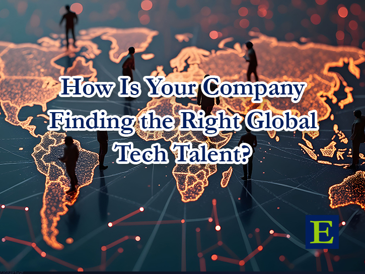 people walking over map of the world with text reading How is your company finding the right global tech talent