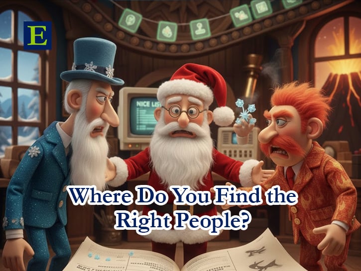 Santa and man in blue and man in orange debating business in his workshop