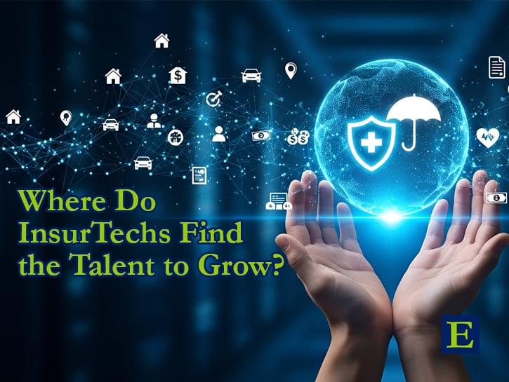 Blue tech background with hands holding insurance icons and copy Where Do InsurTechs Find the Talent to Grow?