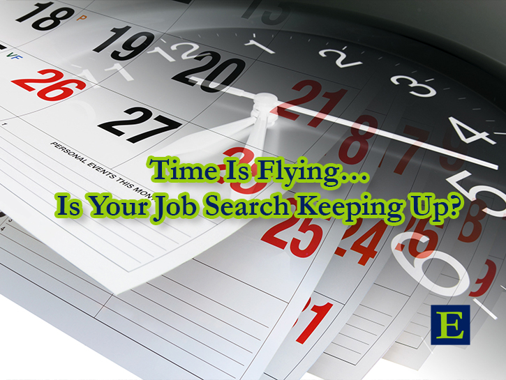 Calendar pages and clock collage with text Time Is Flying… Is Your Job Search Keeping Up? and ECLARO E mark