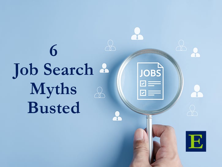 Magnifying glass over Jobs paper and people icons and copy 6 Job Search Myths Busted and ECLARO E mark