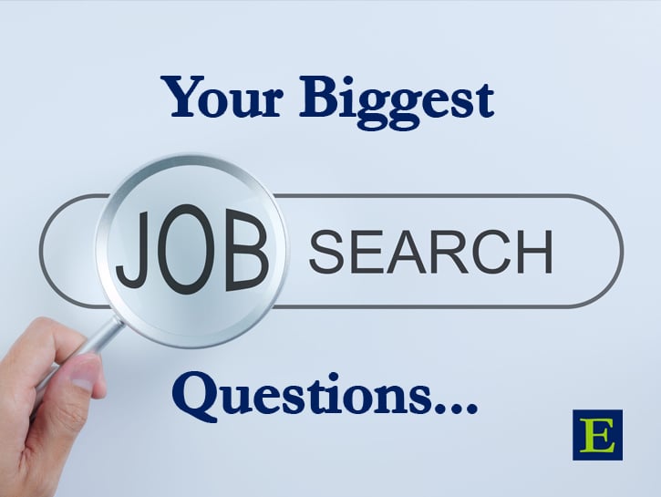Your Biggest Job Search Questions text on blue background with Job Search bar image and magnifying glass over Job