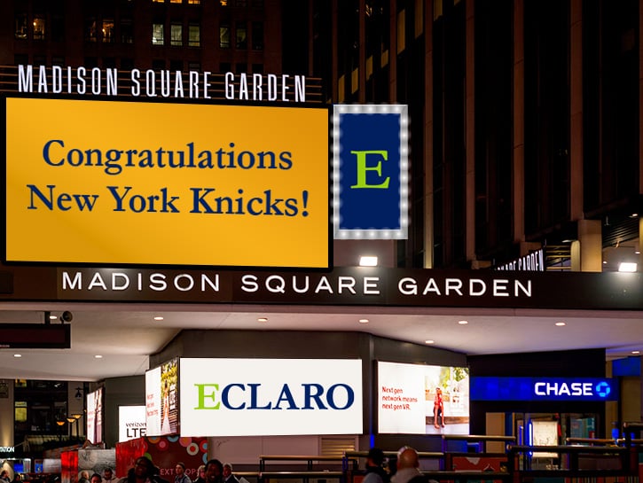 exterior of Madison Square Garden with Congratulations New York Knicks and ECLARO signage