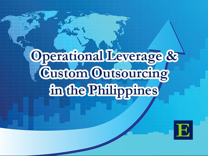 World map with upward arrow on right and copy Operational Leverage & Custom Outsourcing in the Philippines and E mark