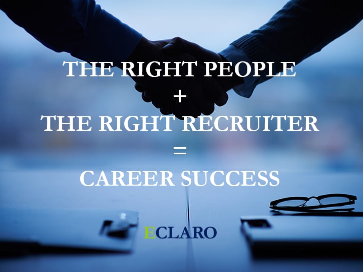Professional Handshake over a desk with The Right People + The Right Recruiter = career success and ECLARO logo