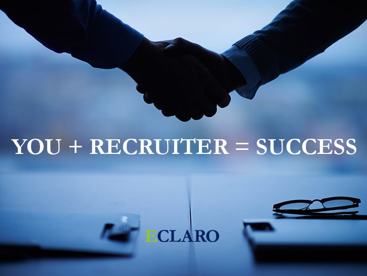 Handshake over desk with copy You + Recruiter = Success and ECLARO logo