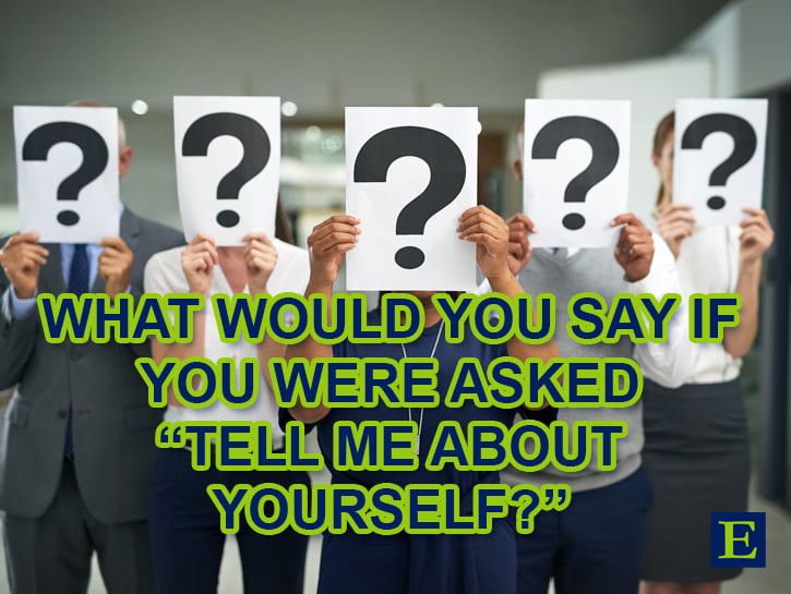 5 diverse people holding question mark signs over their faces and the copy WHAT WOULD YOU SAY IF YOU WERE ASKED “TELL ME ABOUT YOURSELF?” and ECLARO E mark
