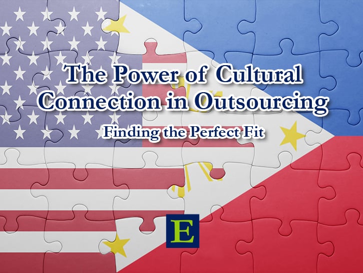 US and Philippines flag morphed in jigsaw puzzle with text The Power of Cultural Connection in Outsourcing Finding the Perfect Fit and ECLARO E mark