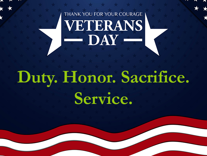 US Flag stars and stripes with thank you for your courage veterans day duty honor sacrifice service copy on field of blue