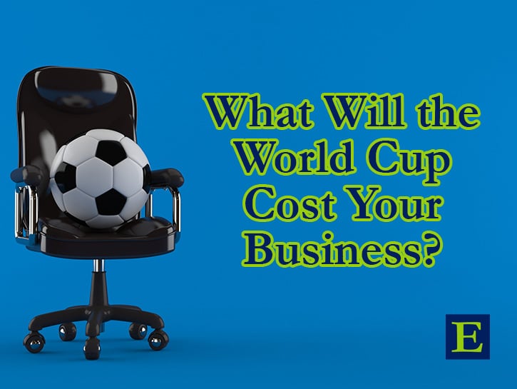 What Will the World Cup Cost Your Business on blue background with soccer ball on business chair