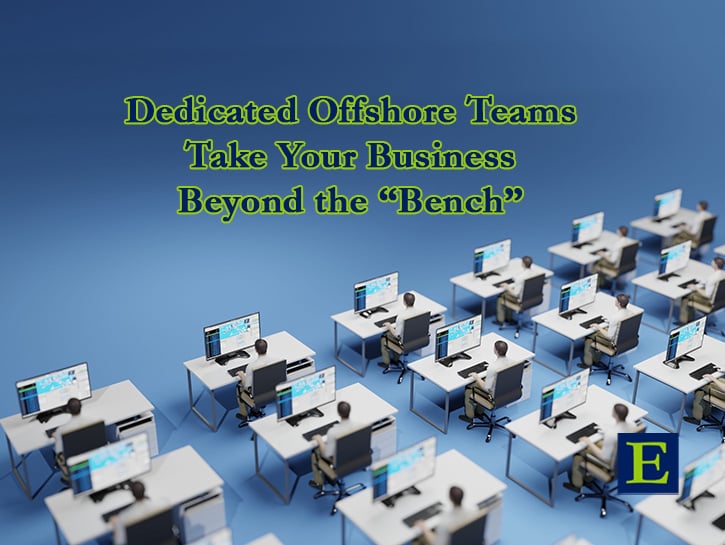office with many identical desks on blue background with text Dedicated Offshore Teams Take Your Business Beyond the "Bench" and ECLARO E mark