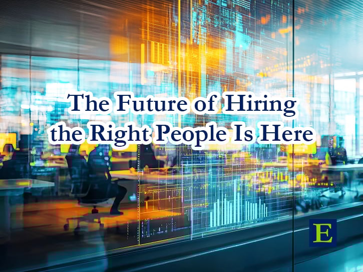 Futuristic office view with text The Future of Hiring the Right People Is Here and ECLARO E mark
