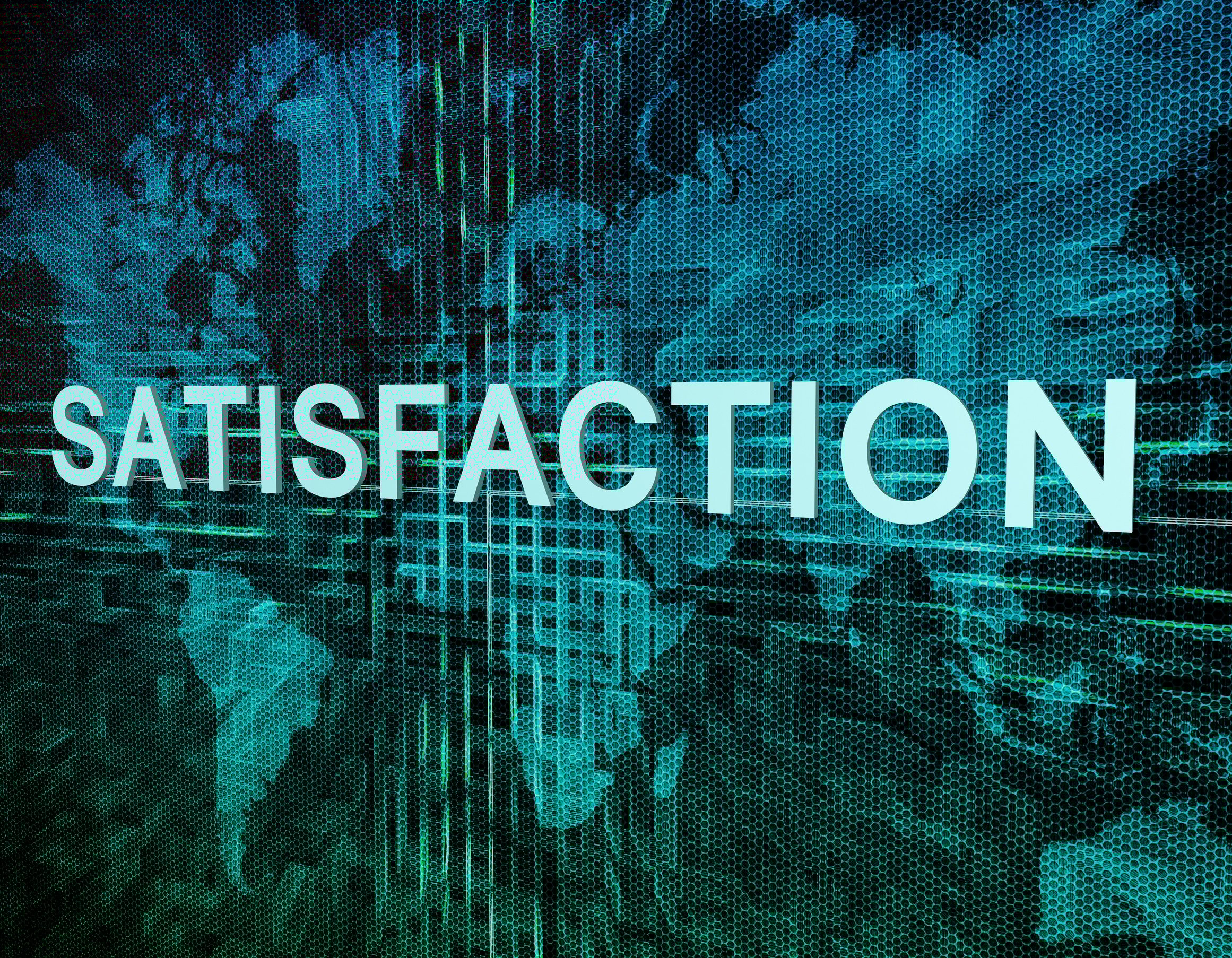 Satisfaction written across a digital map of the world